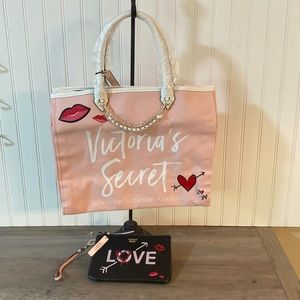 Pink canvas tote from Victoria’s Secret with coordinating cosmetic bag included.